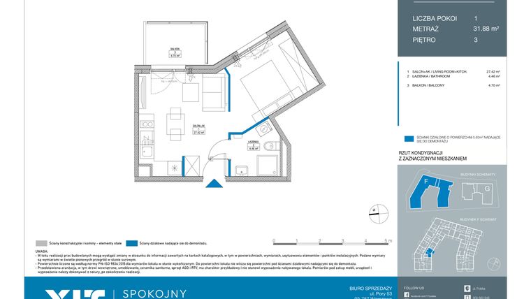 Rzut - Mieszkanie na sprzedaż 1 pokój o powierzchni 31,88 m² - numer FA0307 w Spokojny Mokotów etap II