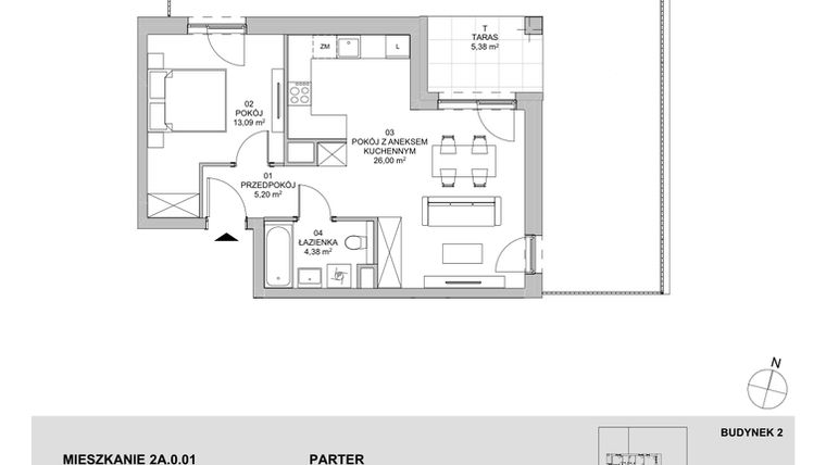 Rzut - Mieszkanie na sprzedaż 2 pokoje o powierzchni 48,67 m² - numer 2A.0.01 w Francuska Park VIIIA