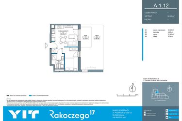 Rzut - Mieszkanie na sprzedaż 1 pokój o powierzchni 30,38 m² - numer A.1.12 w Rakoczego 17