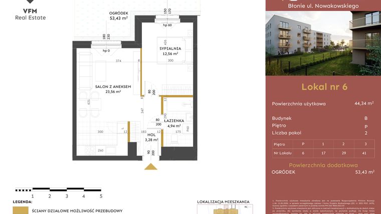 Rzut - Mieszkanie na sprzedaż 2 pokoje o powierzchni 44,34 m² - numer 6 w Stacja Błonie etap II