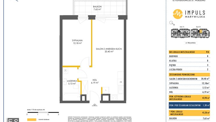 Rzut - Mieszkanie na sprzedaż 2 pokoje o powierzchni 45,28 m² - numer B/94 w Impuls Marywilska