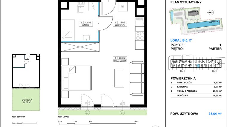 Rzut - Mieszkanie na sprzedaż 1 pokój o powierzchni 35,64 m² - numer B.0.17 w Jabłonova