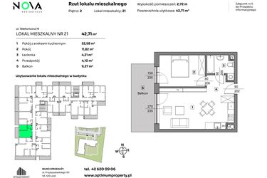 Rzut - Mieszkanie na sprzedaż 2 pokoje o powierzchni 42,71 m² - numer 21 w Nova Radiostacja