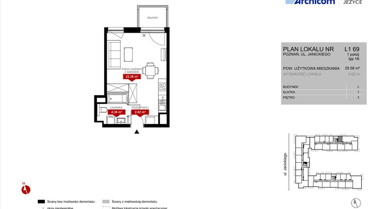 Rzut - Mieszkanie na sprzedaż 1 pokój o powierzchni 29,58 m² - numer L1.69 w Wieża Jeżyce etap VI