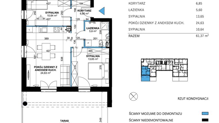 Rzut - Mieszkanie na sprzedaż 3 pokoje o powierzchni 61,37 m² - numer 2 w Comfort Corner