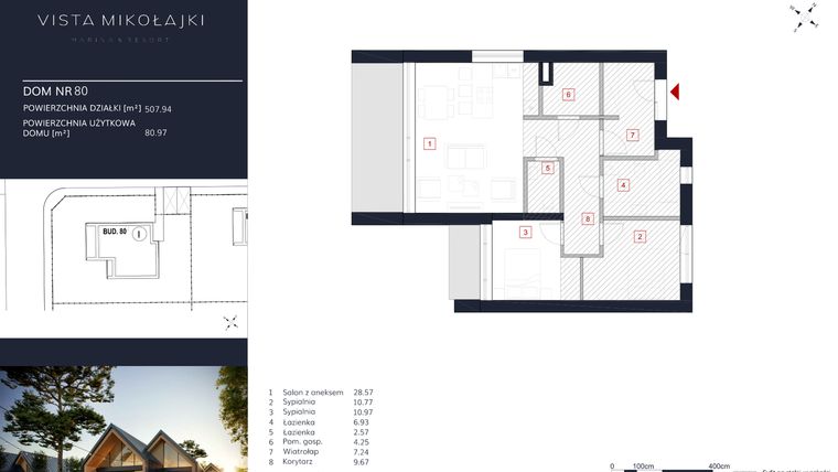 Rzut - Dom na sprzedaż 3 pokoje o powierzchni 80,97 m² - numer 80 w Vista Mikołajki Marina & Resort