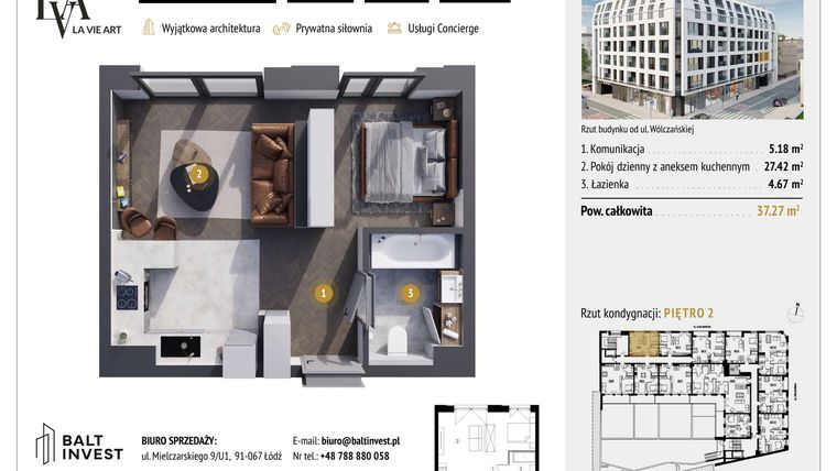 Rzut - Mieszkanie na sprzedaż 1 pokój o powierzchni 37,27 m² - numer M2.1 w La Vie Art