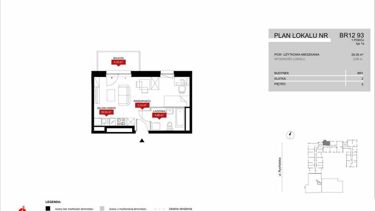 Rzut - Mieszkanie na sprzedaż 1 pokój o powierzchni 29,35 m² - numer BR12/93 w Browary Wrocławskie 2
