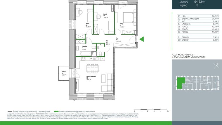Rzut - Mieszkanie na sprzedaż 4 pokoje o powierzchni 94,53 m² - numer E.2.3.04 w Aroma Park Lofty