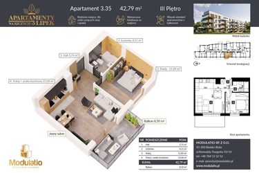 Rzut - Mieszkanie na sprzedaż 2 pokoje o powierzchni 42,79 m² - numer A.3.35 w Apartamenty na Szczycie 3 Lipek