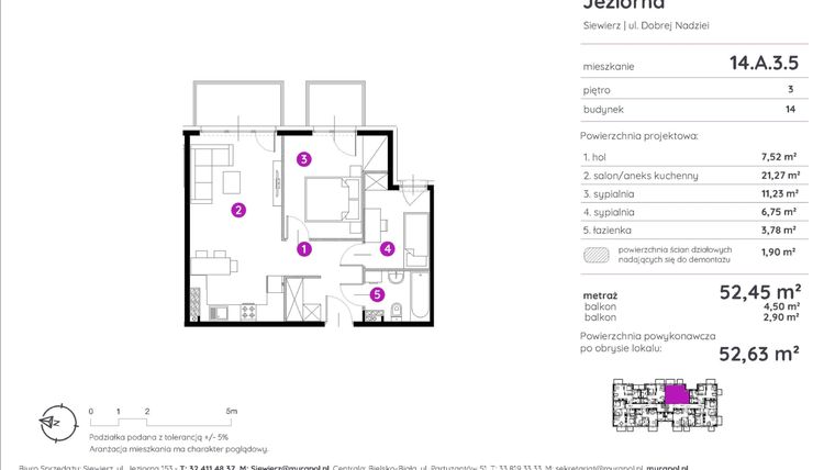Rzut - Mieszkanie na sprzedaż 3 pokoje o powierzchni 52,63 m² - numer 14.A.3.5 w Murapol Siewierz Jeziorna