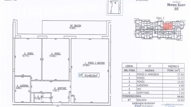 Rzut - Mieszkanie na sprzedaż 3 pokoje o powierzchni 66,62 m² - numer M37 w Nowe Sady 85