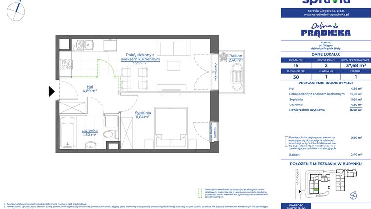 Rzut - Mieszkanie na sprzedaż 2 pokoje o powierzchni 37,68 m² - numer 30.15 w Osiedle Dolina Prądnika