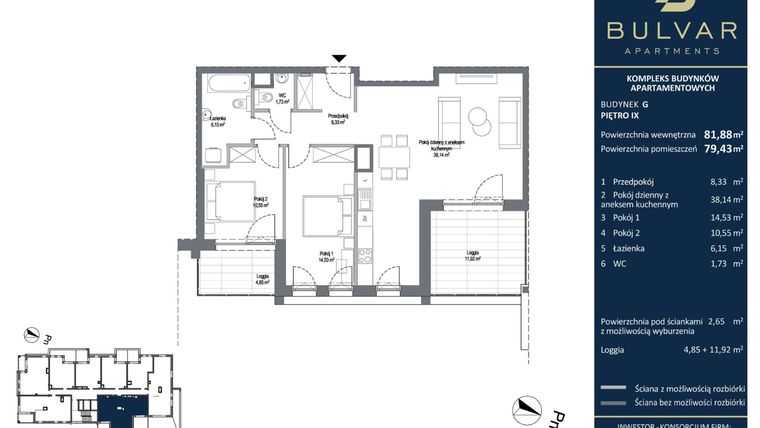 Rzut - Mieszkanie na sprzedaż 3 pokoje o powierzchni 81,81 m² - numer G.10.80 w Bulvar Apartments - etap I