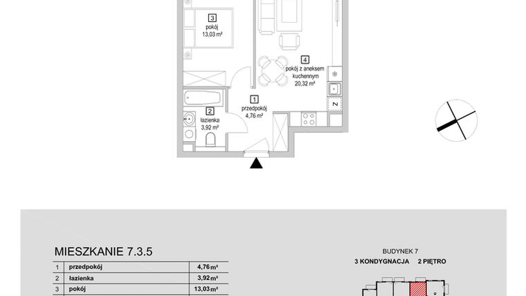 Rzut - Mieszkanie na sprzedaż 2 pokoje o powierzchni 42,03 m² - numer 7.3.5 w Osiedle Przyjemne IV
