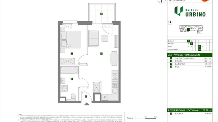Rzut - Mieszkanie na sprzedaż 2 pokoje o powierzchni 39,27 m² - numer A58 w Osiedle Urbino etap 4.1