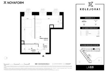 Rzut - Mieszkanie na sprzedaż 2 pokoje o powierzchni 43,63 m² - numer A-01-12 w Kolejova 1