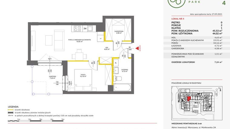 Rzut - Mieszkanie na sprzedaż 2 pokoje o powierzchni 45,53 m² - numer IV.4 w Olchowy Park IV