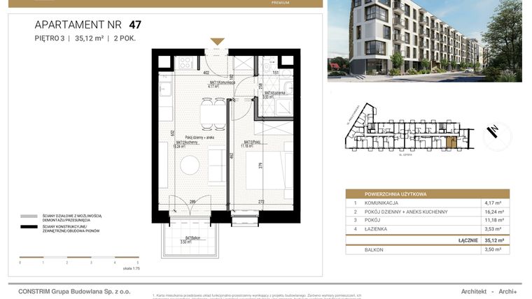 Rzut - Mieszkanie na sprzedaż 2 pokoje o powierzchni 35,12 m² - numer 47 w Czysta Premium