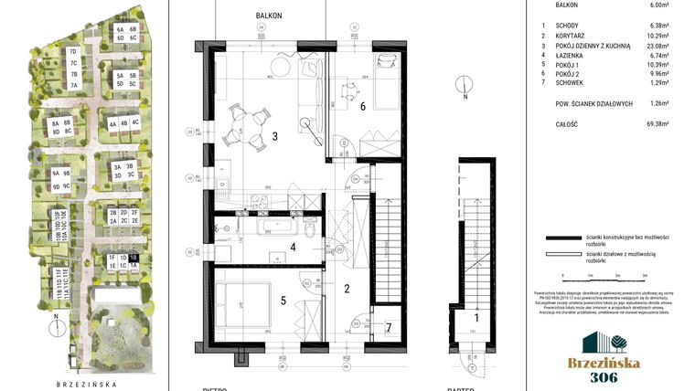 Rzut - Mieszkanie na sprzedaż 3 pokoje o powierzchni 69 m² - numer 1B w Brzezińska 306