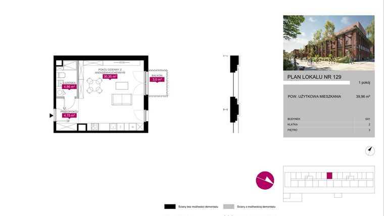 Rzut - Mieszkanie na sprzedaż 1 pokój o powierzchni 39,9 m² - numer 129 w Fuzja Mieszkania Loftowe