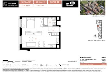 Rzut - Mieszkanie na sprzedaż 1 pokój o powierzchni 40,43 m² - numer B2.2 w Browary Tarnowskie etap 1