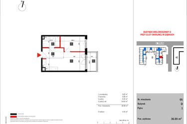 Rzut - Mieszkanie na sprzedaż 2 pokoje o powierzchni 36,69 m² - numer D.5 w Skrajna 9 bud. D