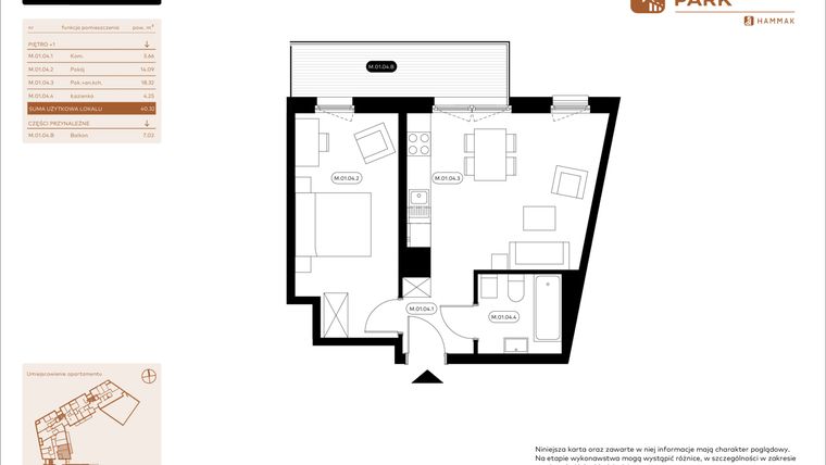 Rzut - Mieszkanie na sprzedaż 2 pokoje o powierzchni 40,32 m² - numer 1.04 w Białoprądnicka Park