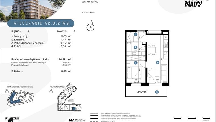 Rzut - Mieszkanie na sprzedaż 2 pokoje o powierzchni 36,48 m² - numer A2.3.2.M9 w Nowe Promenady