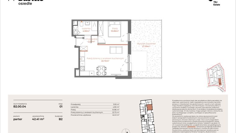 Rzut - Mieszkanie na sprzedaż 2 pokoje o powierzchni 42,41 m² - numer B2-00.04 w Sarnie Osiedle