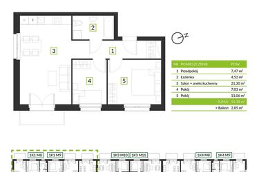 Rzut - Mieszkanie na sprzedaż 3 pokoje o powierzchni 51,38 m² - numer 1K1 M7 w Osiedle Krzeptów przy lesie