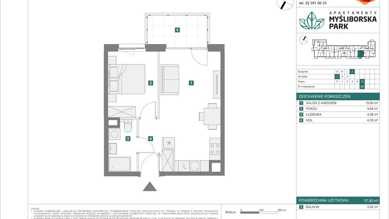 Rzut - Mieszkanie na sprzedaż 2 pokoje o powierzchni 37,8 m² - numer J29 w Apartamenty Myśliborska Park