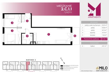Rzut - Mieszkanie na sprzedaż 3 pokoje o powierzchni 54,36 m² - numer 2.C.1.1 w Maślice Wrocław Milo Dobry Deweloper etap III