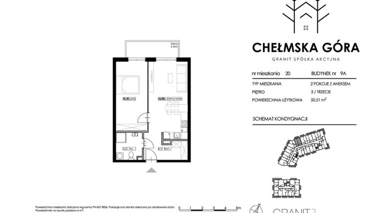 Rzut - Mieszkanie na sprzedaż 2 pokoje o powierzchni 50,9 m² - numer C-9A-M20 w Chełmska Góra
