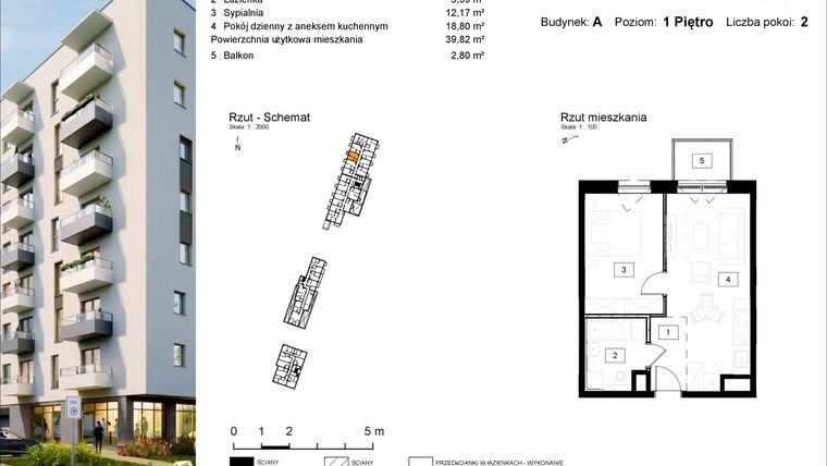 Rzut - Mieszkanie na sprzedaż 2 pokoje o powierzchni 39,82 m² - numer A.11 w Osiedle Kochanowskiego - Gliwice
