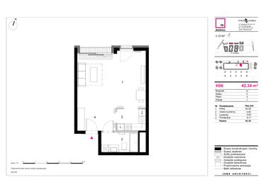 Rzut - Mieszkanie na sprzedaż 1 pokój o powierzchni 42,34 m² - numer H56 w 19. Dzielnica Etap V
