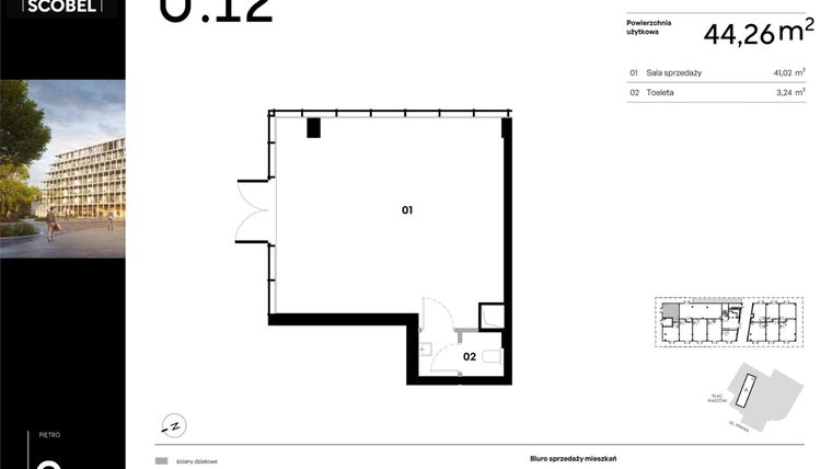 Rzut - Lokal użytkowy na sprzedaż 1 pokój o powierzchni 44,26 m² - numer U.12 w Browar HUGO SCOBEL