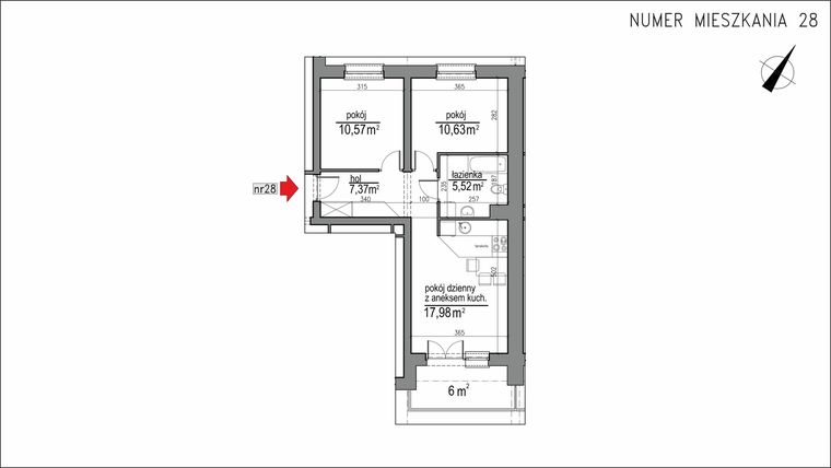Rzut - Mieszkanie na sprzedaż 3 pokoje o powierzchni 52,07 m² - numer 1m.28 w Osiedle Rytm