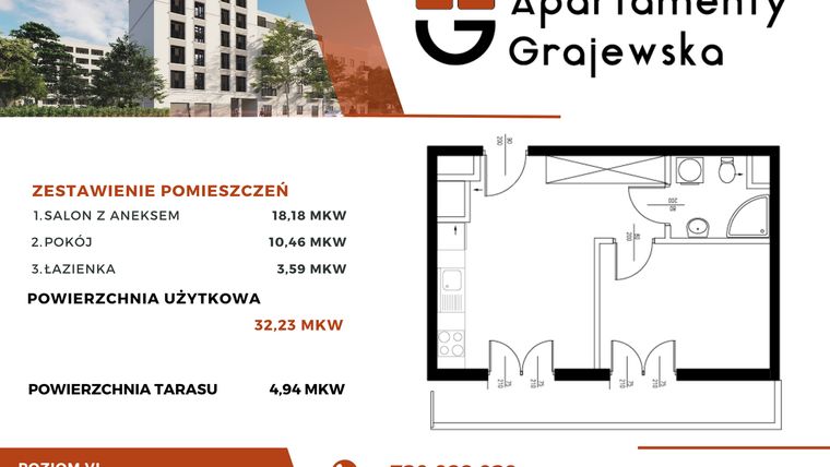 Rzut - Mieszkanie na sprzedaż 2 pokoje o powierzchni 32,23 m² - numer 34 w Apartamenty Grajewska