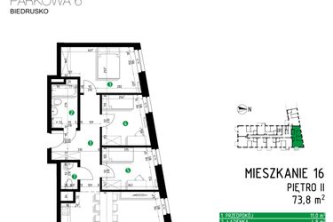 Rzut - Mieszkanie na sprzedaż 4 pokoje o powierzchni 73,8 m² - numer 6B.16 w Parkowa 6B - ETAP II