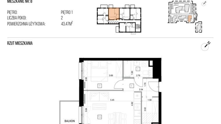 Rzut - Mieszkanie na sprzedaż 2 pokoje o powierzchni 43,47 m² - numer 22I/08 w NATURAMA II