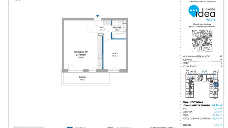 Rzut - Mieszkanie na sprzedaż 2 pokoje o powierzchni 49,32 m² - numer 4A/57 w Osiedle Idea Aurora