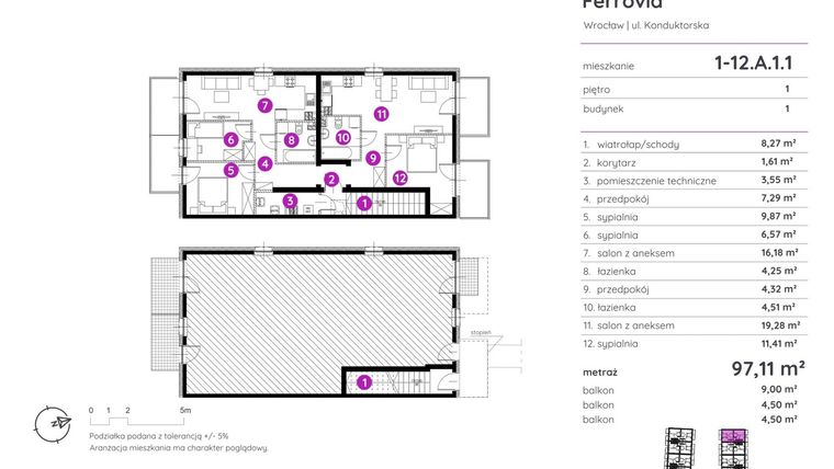 Rzut - Mieszkanie na sprzedaż 5 pokoi o powierzchni 97,11 m² - numer 1-12.A.1.1 w Murapol Osiedle Ferrovia
