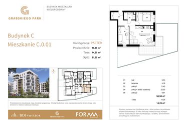 Rzut - Mieszkanie na sprzedaż 3 pokoje o powierzchni 56,98 m² - numer C.0.01 w Grabskiego Park