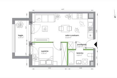 Rzut - Mieszkanie na sprzedaż 2 pokoje o powierzchni 38,43 m² - numer 1/A/2/6 w Sochaczewska Vita