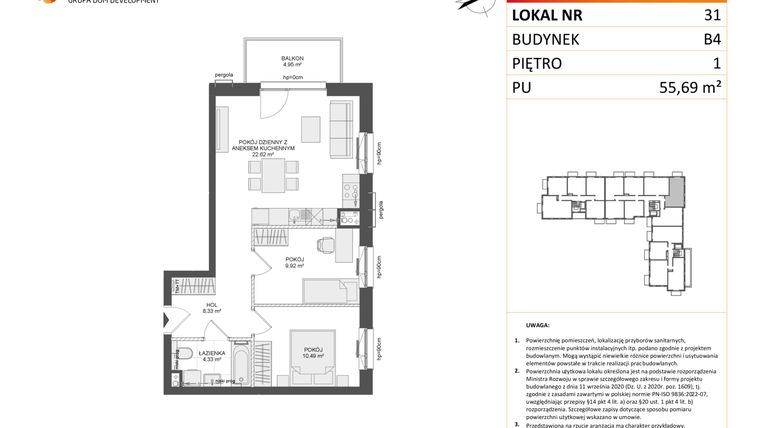 Rzut - Mieszkanie na sprzedaż 3 pokoje o powierzchni 55,69 m² - numer B4.31 w Osiedle Przy Błoniach 3 etap III