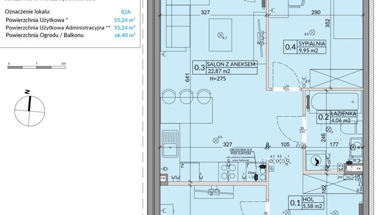 Rzut - Mieszkanie na sprzedaż 3 pokoje o powierzchni 55,24 m² - numer 82A w Osiedle Młodych etap VII