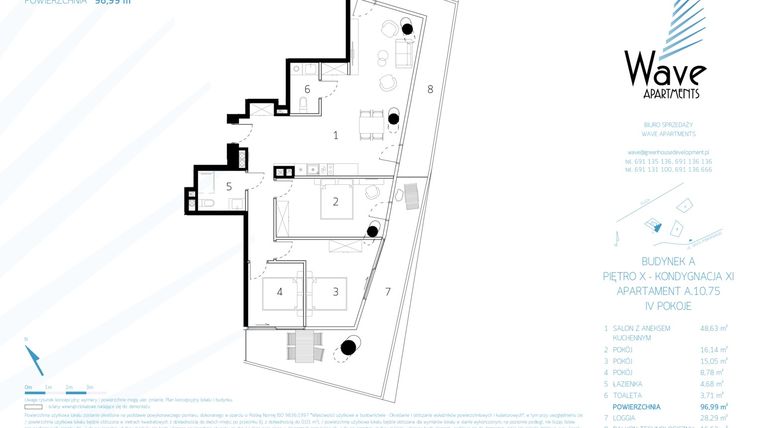 Rzut - Mieszkanie na sprzedaż 4 pokoje o powierzchni 97,73 m² - numer A.10.75 w Wave Międzyzdroje Resort & Spa