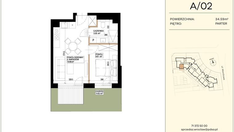 Rzut - Mieszkanie na sprzedaż 2 pokoje o powierzchni 34,59 m² - numer WA2/A/02 w Waniliowa