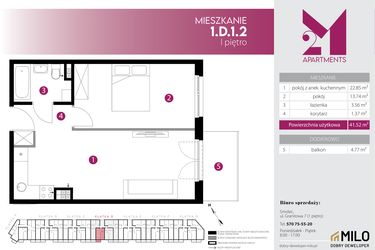 Rzut - Mieszkanie na sprzedaż 2 pokoje o powierzchni 41,52 m² - numer 1.D.1.2 w Maślice Wrocław Milo Dobry Deweloper etap IV